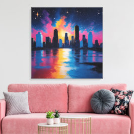 Futuristische stedelijke skyline bij zonsondergang canvas afdruk