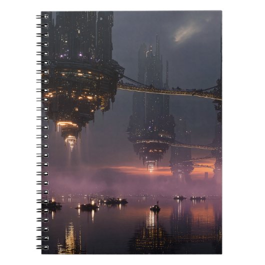 Futuristische torens zwevend boven de haven notitieboek (Voorkant)