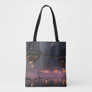 Futuristische torens zwevend boven de haven tote bag