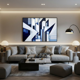 Futuristische Witte Marineblauwe Abstracte Geometr Canvas Afdruk
