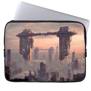 Futuristische zwevende megastructuren boven de sta laptop sleeve