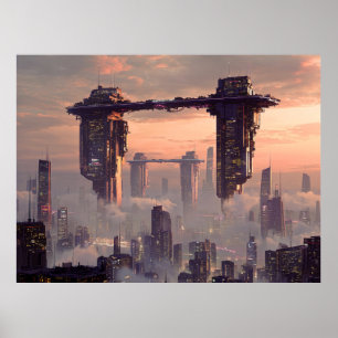 Futuristische zwevende megastructuren boven de sta poster