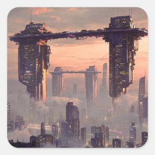 Futuristische zwevende megastructuren boven de sta vierkante sticker