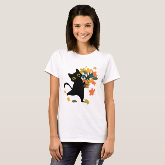 fuuny black Cat Leaf Fall Hello Autumn T-shirt (Voorkant volledig)