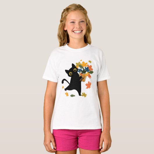 fuuny black Cat Leaf Fall Hello Autumn T-shirt (Voorkant volledig)