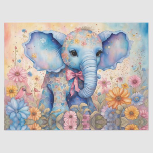 Fuzzy Baby Olifant in een pastel Daisy Garden Tissuepapier (Voorkant)