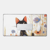 Fuzzy Black Cat Wide Eye Orange Meadow Flower Bureaumat (Keyboard & Muis)