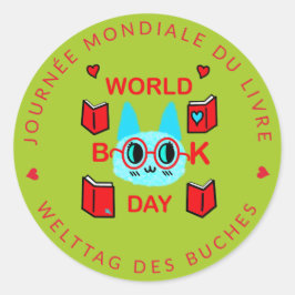 Fuzzy Cat Wereldboekendag Journée Mondiale du Livr Ronde Sticker