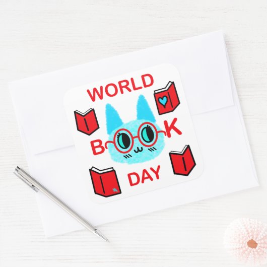 Fuzzy Cat Wereldboekendag Vierkante Sticker (Envelop)
