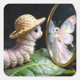 Fuzzy Caterpillar Staring at a Fairy Butterfly Vierkante Sticker