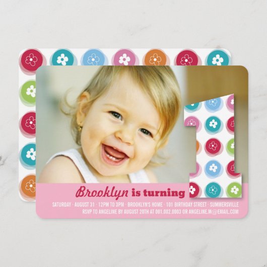 Fuzzy Daisies Color Stippen 1e verjaardag Foto Kaart (Voorkant / Achterkant)