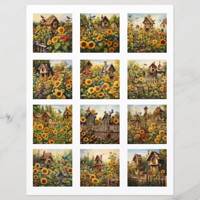 Fuzzy gesneden Zonnebloemen en Vogelhuizen Tuin 1 (Voorkant)