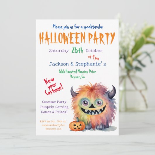 Fuzzy Monster Halloween Kostuumfeest Kaart (Staand voorkant)