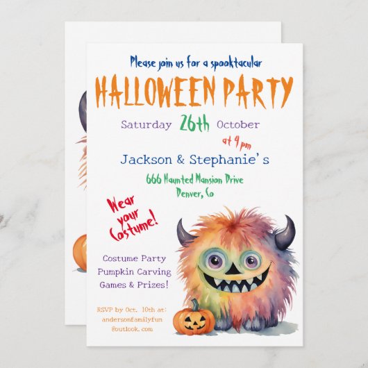 Fuzzy Monster Halloween Kostuumfeest Kaart (Voorkant / Achterkant)