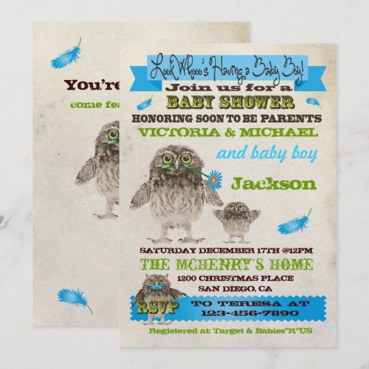 Fuzzy Owl Boy Baby shower Uitnodigingen (Voorkant / Achterkant)