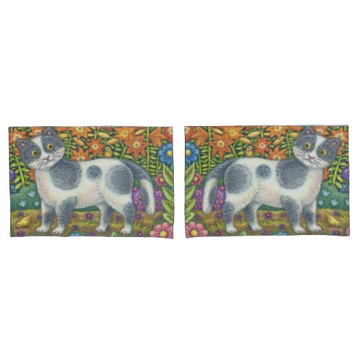 Fuzzy Wuzzy Kitten FOLK ART CAT PILLOWCASS Set Kussensloop (Voorkant-Set)