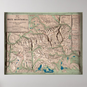 Fysieke kaart van de  witte bergen (1872) poster