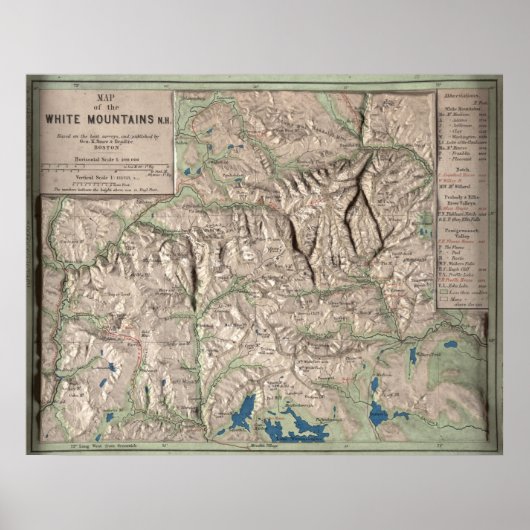 Fysieke kaart van de  witte bergen (1872) poster (Voorkant)