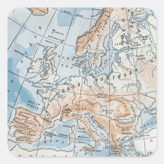 Fysieke kaart van Europa (1916) Vierkante Sticker (Voorkant)