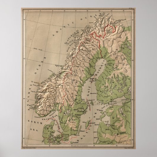 Fysieke Kaart van Noorwegen en Zweden (1880) Poster (Voorkant)