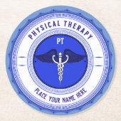 Fysieke therapie Blauwe Caduceus Aangepaste Naam Ronde Kartonnen Onderzetter (Voorkant)