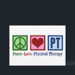 Fysieke therapie Vredesliefde PT Kaart<br><div class="desc">Peace Love Physical Therapy-kaarten voor uw favoriete fysiotherapeut om naar klanten te sturen voor kerstvakantie. Een vredesteken, hart en de letters PT zijn een groot geschenk voor een fysiotherapeut in je praktijk of kantoor.</div>