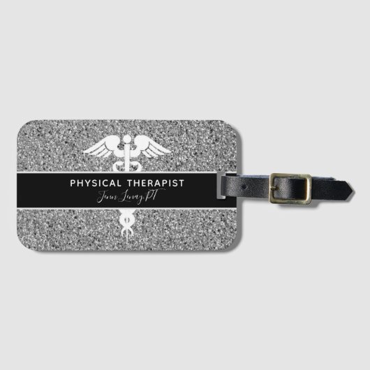 Fysieke Therapist Silver Black Glitter Name Bagagelabel (Voorkant (horizontaal))