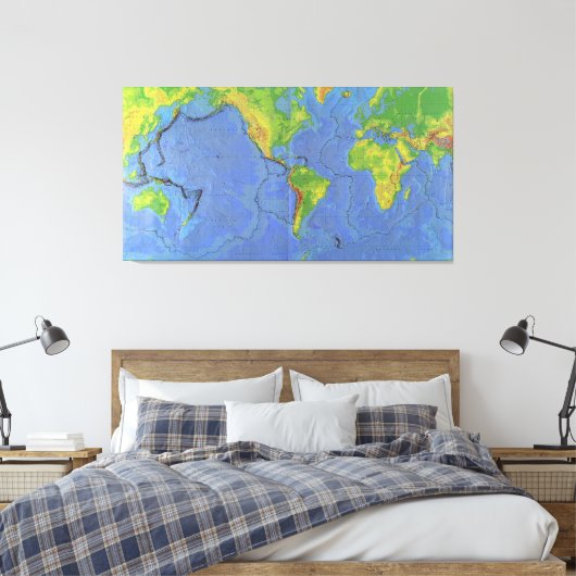 Fysieke Wereldkaart 1994 - Tectonische Borden - US Canvas Afdruk (Insitu (Slaapkamer))