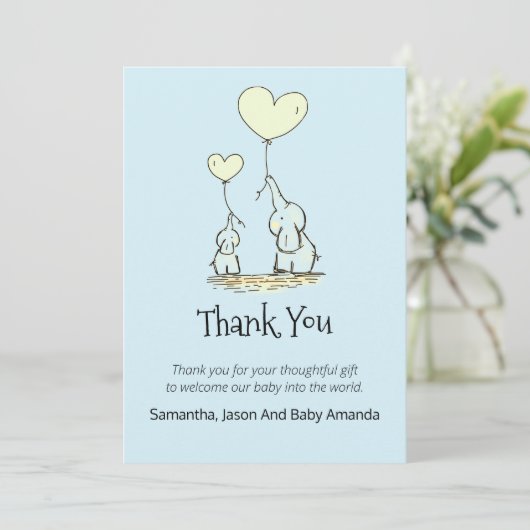 Fysische Baby shower Dank u | Elephants Blue Bedankkaart (Staand voorkant)