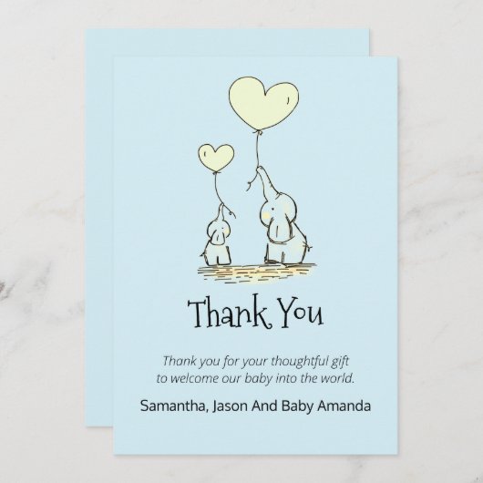 Fysische Baby shower Dank u | Elephants Blue Bedankkaart (Voorkant / Achterkant)