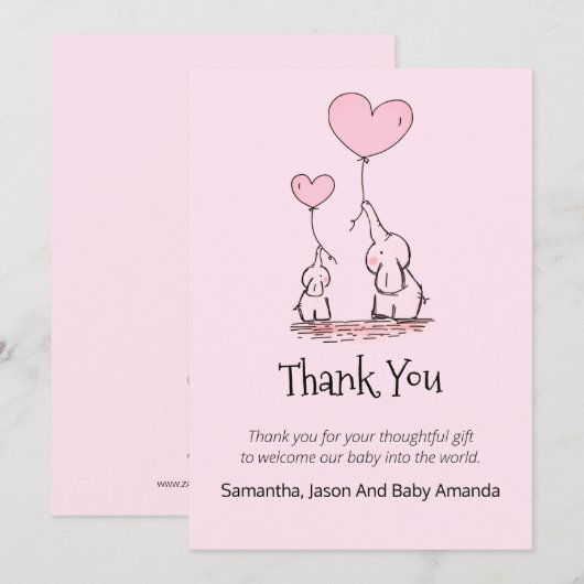 Fysische Baby shower Dank u | Elephants Pink Bedankkaart (Voorkant / Achterkant)