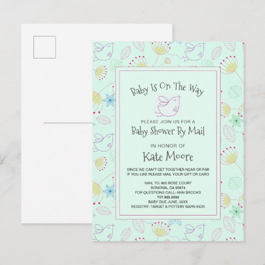 Fysische Baby shower per post Baby Bird Floral Uitnodiging Briefkaart (Voorkant / Achterkant)
