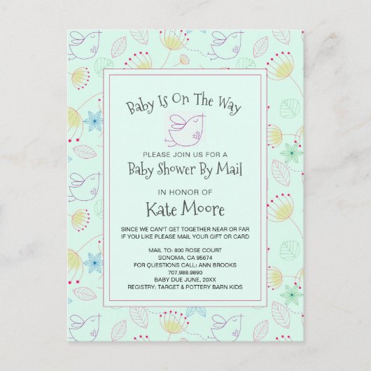 Fysische Baby shower per post Baby Bird Floral Uitnodiging Briefkaart (Voorkant)