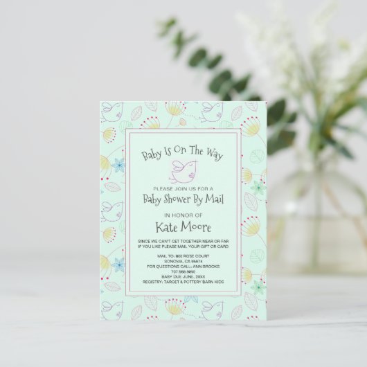 Fysische Baby shower per post Baby Bird Floral Uitnodiging Briefkaart (Staand voorkant)