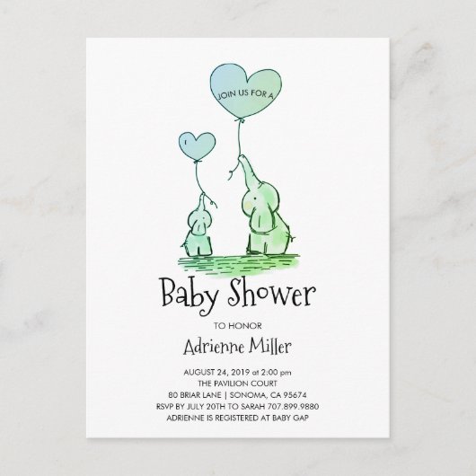 Fysische olifanten en ballonnen Babyjoen Uitnodiging Briefkaart (Voorkant)