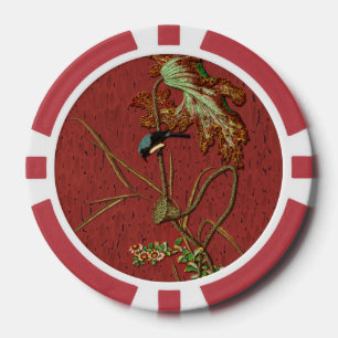 G.A. Audsley Vintage Rode Japanse Vogel Lotus Kuns Poker Chips