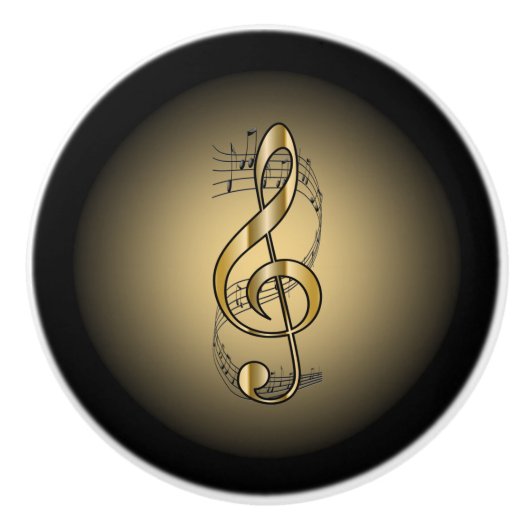 G Clef ~ Muzikale Scroll ~ Goud/Zwart Achtergrond Keramische Knop (Voorkant)