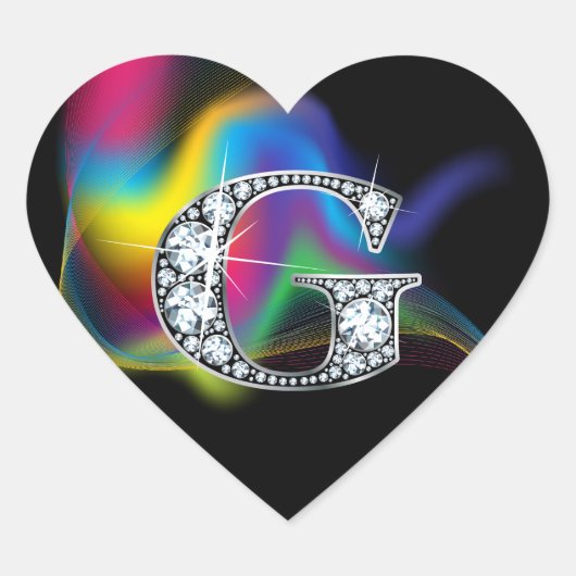 "G" Diamond Bling on Rainbow Swirl Heart Sticker (Voorkant)