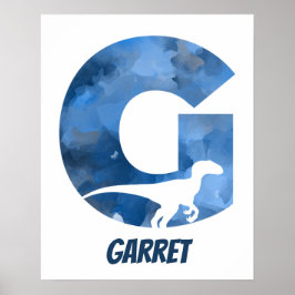 "G" Dinosaur Waterverf Blue Child Name Poster