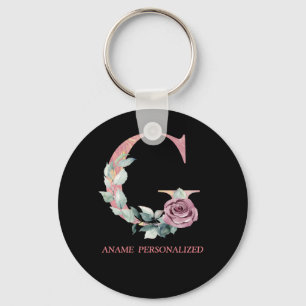G Floral Monogram Name Letters Roze Agate Sleutelh Sleutelhanger