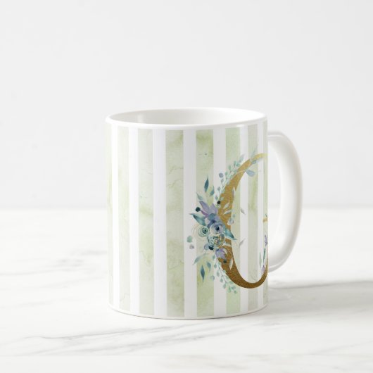 G gouden initiaal op blauwe en witte strepen koffiemok (Voorkant rechts)