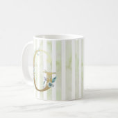 G gouden initiaal op blauwe en witte strepen koffiemok (Voorkant links)