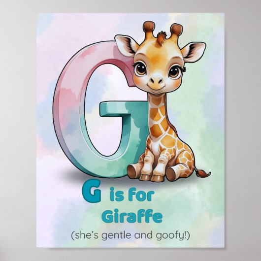 G is voor Giraffe – Zachte Alfabet Dieren Muur Kun Poster (Voorkant)