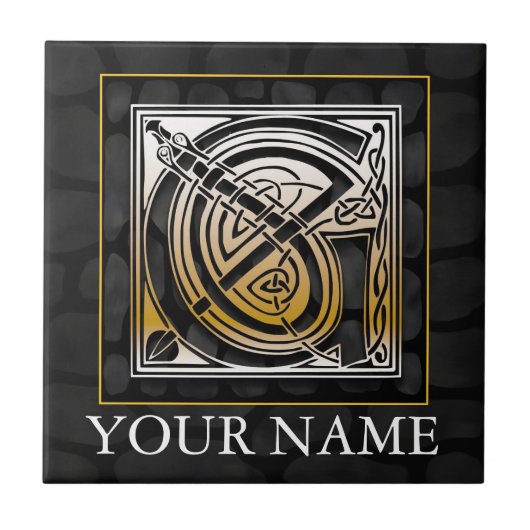G "Jouw naam" Celtic Black Stone Monogram Tile Tegeltje (Voorkant)
