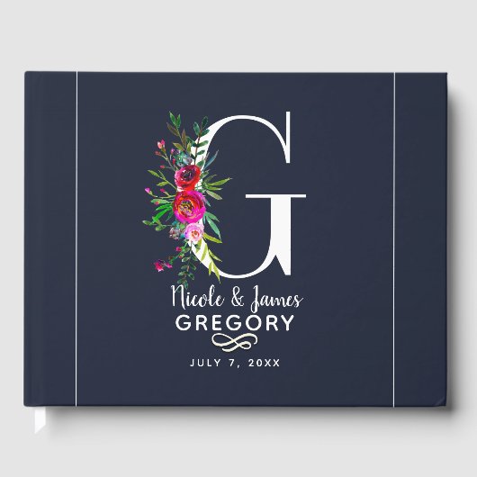 G Letter Initiaal Monogram Bloem Naam Bruiloft Gastenboek (Voorkant)