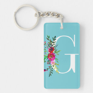 G Letter Initiaal Monogram Bloemmotief Eigen Kleur Sleutelhanger