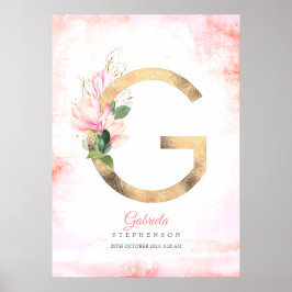 G Letter Monogram Gouden Bladeren Roze Magnolia Bl Poster