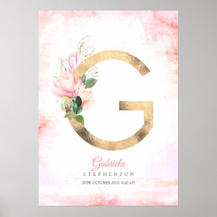 G Letter Monogram Gouden Bladeren Roze Magnolia Bl Poster