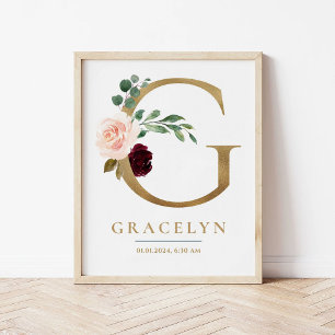 G Letter Monogram Naam Marsala Bloemenkwekerij Poster