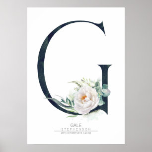 G Letter Monogram White Flowers and Greenery Poster